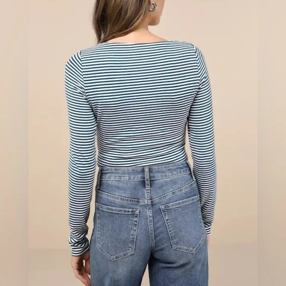 Lulus Charming Necessity White and Teal Striped Long Sleeve Bodysuit NWT Medium - Picture 2 of 5